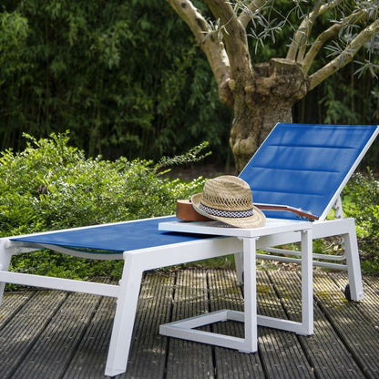 Set bain de soleil et table d'appoint BARBADOS en textilène taupe - aluminium blanc