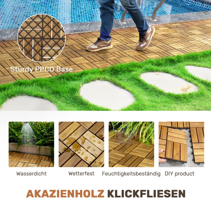 Lot de 32 Dalles en Bois d'Acacia à emboîter 30x30cm -  Caillebotis Extérieur Clipsable pour Balcon, Terrasse et Jardin - Jaune