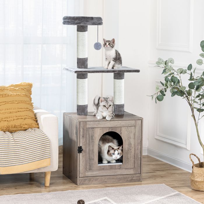 Arbre à Chat avec Maison de Litière pour Chat-HOOBRO-Maison pour Chat en Bois avec Tour à Chat-60 x 45 x 151 cm-Grège