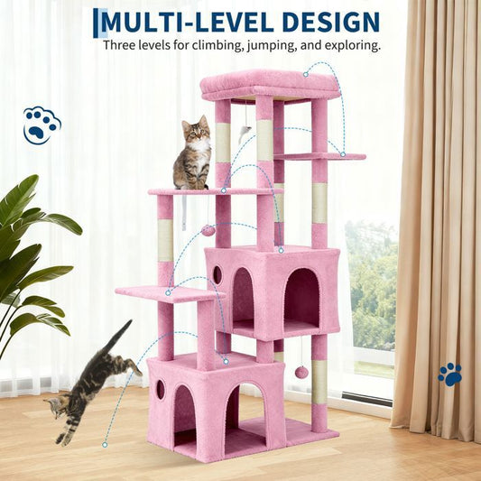 Arbre à chat multiniveau - GARVEE - avec griffoir, plateforme, jouets suspendus intégrés et 2 cabanes, Hauteur 155 cm - Rose