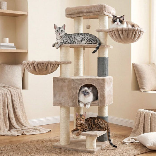 Arbre à Chat avec Couvertures Douces, 2 Brosses pour Chat, Grandes Plateformes, Marron