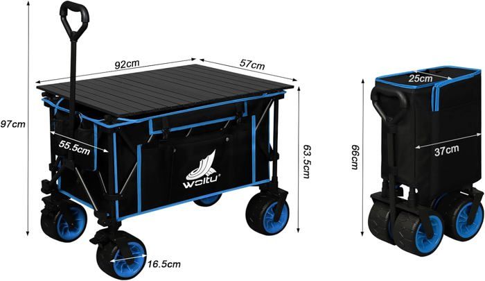 WOLTU Chariot de Jardin avec Plateau Amovible, Roues larges, Charge 120kg, Chariot Plage, Tissu Oxford+Acier, Noir+Blue W0UETT0104