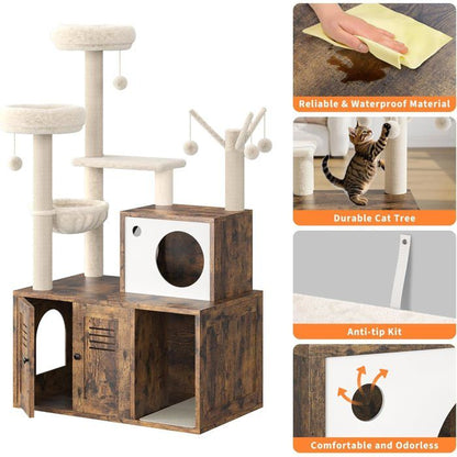 Arbre à Chat 2 en 1+ Enceinte de Litière Cachée - Meuble Chat Multiniveaux, Poteaux à Gratter, Boules Suspendues, Armoire - Gris