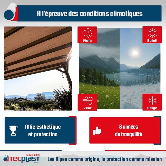 TECPLAST Toile Pergola Taupe 2x3 m LP640PR - Garantie 8 ans - Bâche Pergola ou Tonnelle étanche en PVC pour terrasse