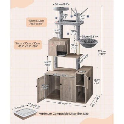 Arbre à Chat avec Maison de Litière pour Chat-HOOBRO-Maison pour Chat en Bois avec Tour à Chat-60 x 45 x 151 cm-Grège