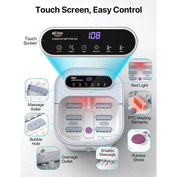 Bain de Pieds Massage pliant ALLJOY, température constante, Écran tactile, Masseur de Pieds Pliable avec Bulles