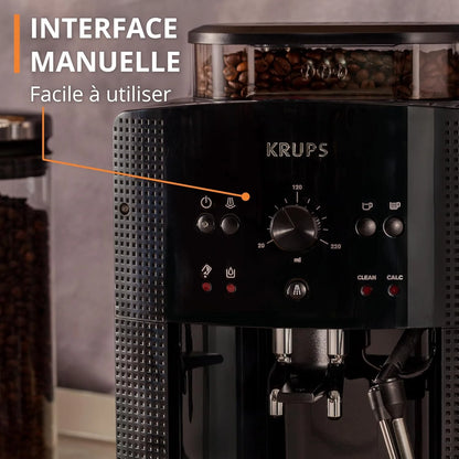 Krups Machine à café grain, 1,7 L, 2 tasses en simultané, Nettoyage automatique, Buse vapeur pour Cappuccino, Cafetière espresso, Essential noire YY8125FD, Noir