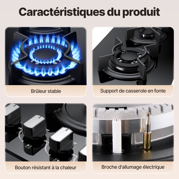 Plaque de Cuisson Gaz - WEHIMO - 4 Feux - Inox - Encastrable - L59 x P51 cm