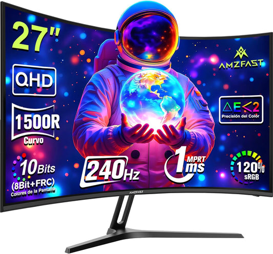 Amzfast Écran PC Gaming 27 Pouces Incurvé, 2K QHD(2560 x 1440), 240Hz Moniteur, 1Ms MPRT, 1500R, sRGB 120 pour cent, Adaptive Sync, Low Blue Light,VESA 100 * 100, HDMI 2.0 * 2/DP 1.4 * 2, AMZG27C1Q Pro