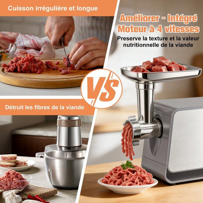 Hachoir à Viande Électrique 2800W - Écran Tactile - 11PCS avec 2 Lames 4 Inox Disques 3 Kit de Saucisse 1 Kubbe 1 Brosse - Argent