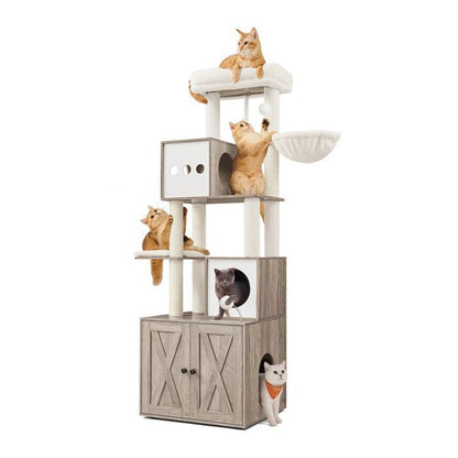 Arbre à Chat de 170 cm de Haut, Niche pour Chat, Meuble Cache-Litière, Marron et Blanc