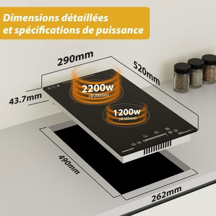 Plaque de Cuisson Vitrocéramique FIREGAS - 4 zones 7200W - L59 x P52 cm - Noir