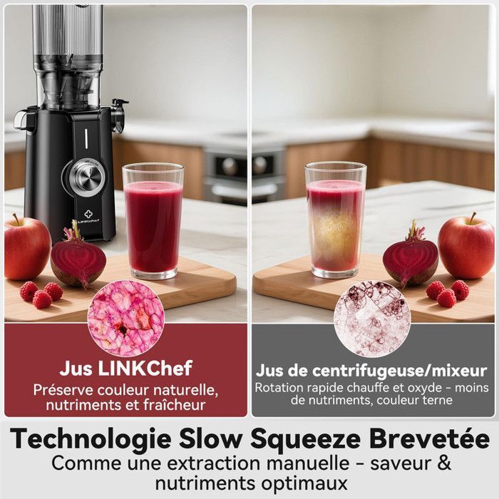 Extracteur de Jus - Sans Préparation - Grande goulotte 115 mm à fruits entiers -Nettoyage Rapide -Rendement en jus de 99 % -Noir