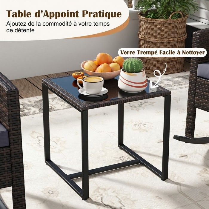 Ensemble Bistro de Jardin 3 Pièces COSTWAY, 2 Fauteuils à Bascule, Table Basse en Verre, Dossier et Coussins Déhoussables, Gris