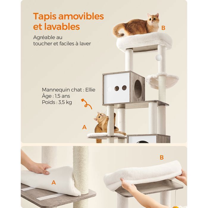 Arbre à Chat de 170 cm de Haut, Niche pour Chat, Meuble Cache-Litière, Marron et Blanc