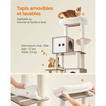 Arbre à Chat de 170 cm de Haut, Niche pour Chat, Meuble Cache-Litière, Marron et Blanc