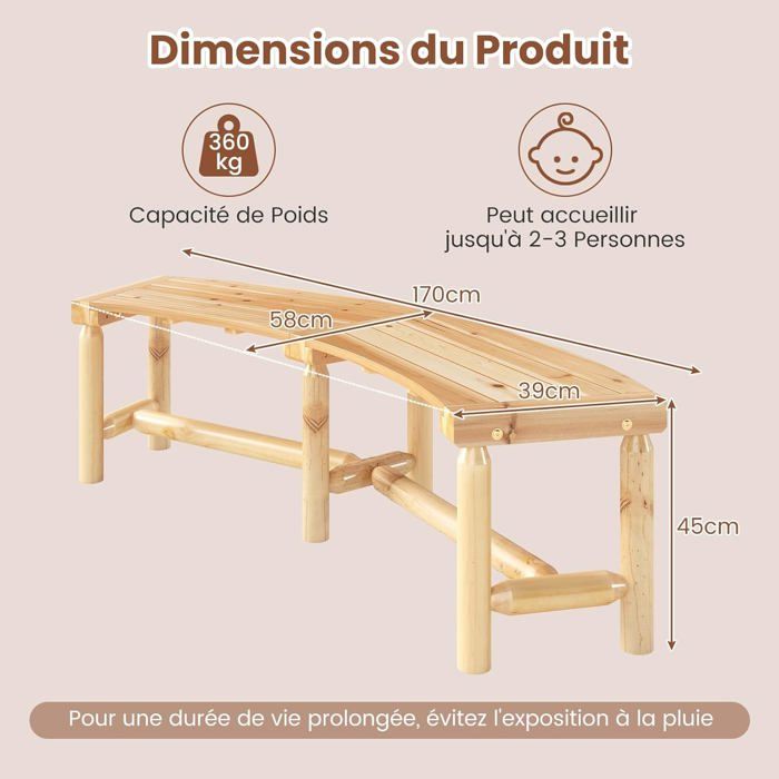 Banc de Jardin Extérieur Incurvé COSTWAY, Bois Massif, 2-3 Personnes, sans Dossier, Charge 360 kg, pour Patio Piscine, Naturel