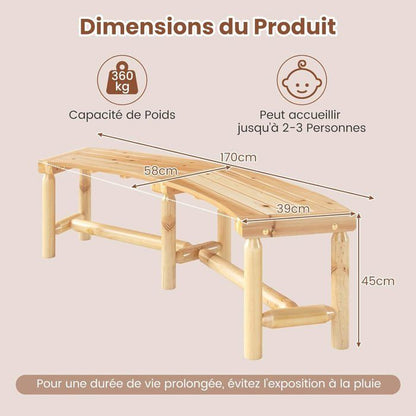 Banc de Jardin Extérieur Incurvé COSTWAY, Bois Massif, 2-3 Personnes, sans Dossier, Charge 360 kg, pour Patio Piscine, Naturel