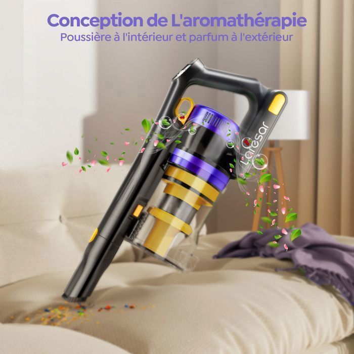 Aspirateur Balai sans Fil- Laresar V10-45Mins- 48000PA- Batterie Amovible-Technologie Yeux verts-Léger-Tapis et Poils d’Animaux