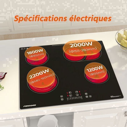Plaque de Cuisson Vitrocéramique FIREGAS - 4 zones 7200W - L59 x P52 cm - Noir