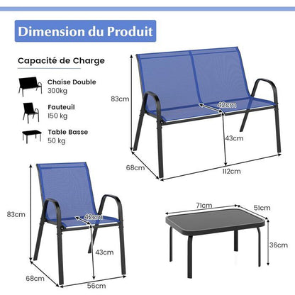 COSTWAY 4 PCS Ensemble Table et Chaises de Jardin Extérieur, Chaises et Causeuse avec Siège en Tissu, Plateau en Verre Trempé, Bleu