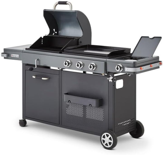 - Barbecue Bi-Energy Gun Metal XL - Barbecue Charbon et Plancha 60 x 42 cm à gaz avec brûleur latéral -12,95 KW