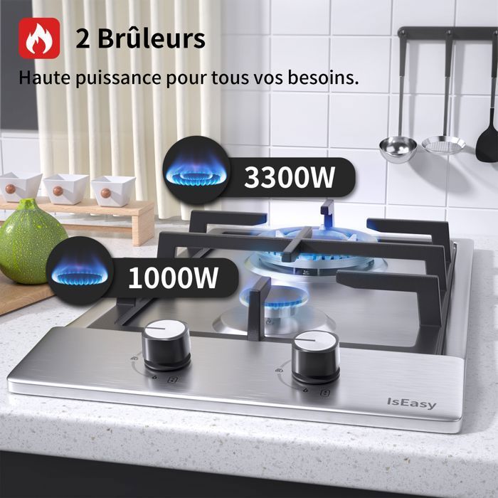 Plaque de Cuisson Gaz - ISEASY - 2 Feux - Inox - Encastrable - Allumage par Impulsion