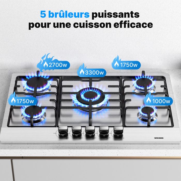 Plaque de Cuisson Gaz - WEHIMO - 5 Feux - Inox - Encastrable - 76x50 cm