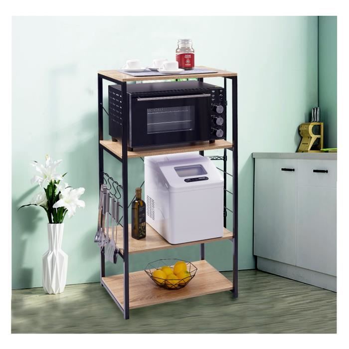 WOLTU Etagère four à Micro-ondes, Etagère de cuisine en bois et acier, 4 Niveaux, 60x40x123.5 cm, Noir+chêne clair
