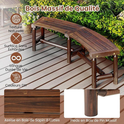 Banc de Jardin Extérieur Incurvé COSTWAY, Bois Massif, 2-3 Personnes, sans Dossier, Charge 360 kg, pour Patio Piscine, Naturel