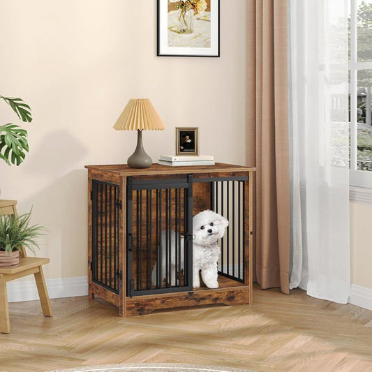 69 cm Cage pour Chiens, Table d’Appoint, Niche Moderne pour Chiens, Cage pour Chiots, 2 Portes, 69 × 49 × 64,5 cm, Marron Rustique
