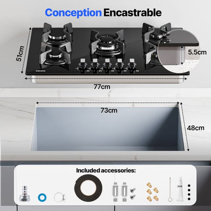 Plaque de Cuisson Gaz - WEHIMO - 4 Feux - Inox - Encastrable - L59 x P51 cm