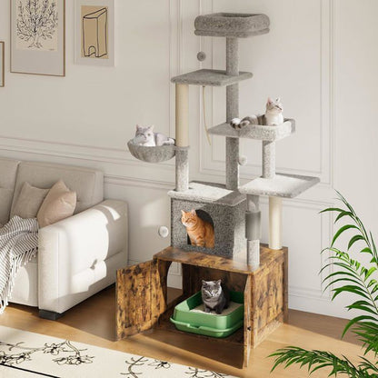 Arbre à Chat 2 en 1+ Enceinte de Litière Cachée - Meuble Chat Multiniveaux, Poteaux à Gratter, Boules Suspendues, Armoire - Marron