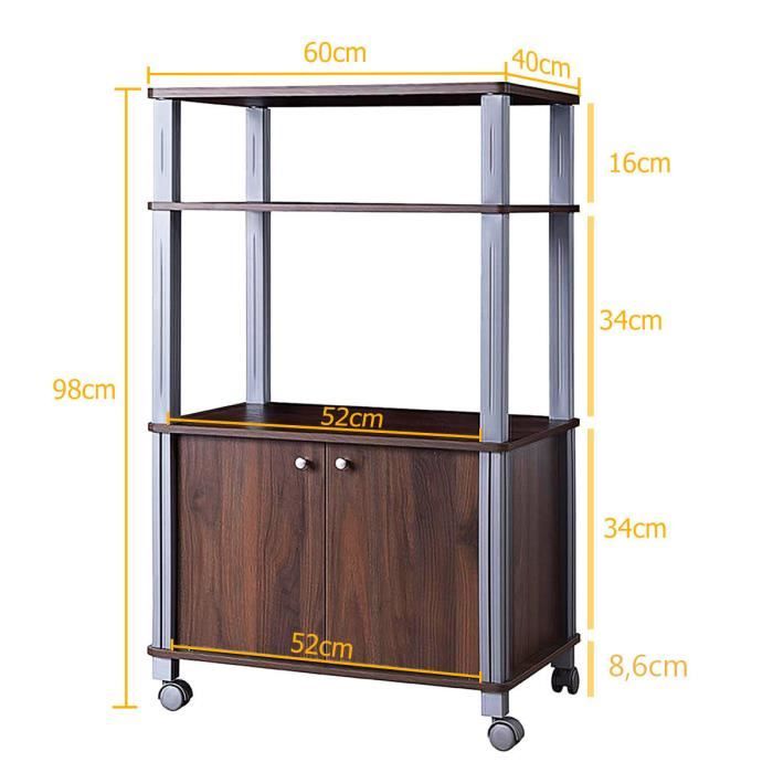 Meuble pour Micro Onde Étagère de Cuisine pour Four en Bois avec 3 Couches Roues 60 x 40 x 98 CM Noir
