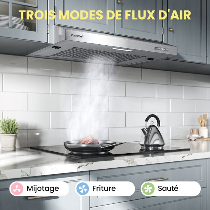 Hotte Aspirante Casquette Visière- 60cm Comfee - 3 Vitesses - Évacuation & Recyclage - LED Lampe - Filtre En Coton Argent - En Inox