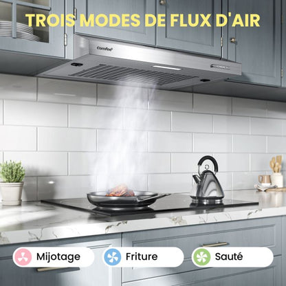 Hotte Aspirante Casquette Visière- 60cm Comfee - 3 Vitesses - Évacuation & Recyclage - LED Lampe - Filtre En Coton Argent - En Inox