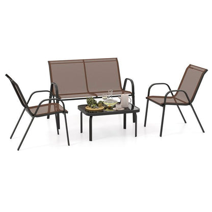 COSTWAY 4 PCS Ensemble Table et Chaises de Jardin Extérieur, Chaises et Causeuse avec Siège en Tissu, Plateau en Verre Trempé, Bleu