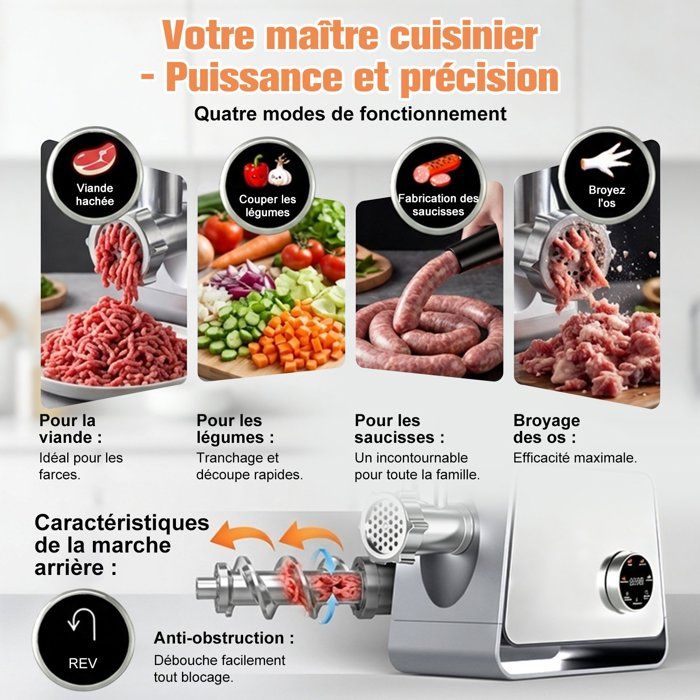 Hachoir à Viande Électrique 2800W - Écran Tactile - 11PCS avec 2 Lames 4 Inox Disques 3 Kit de Saucisse 1 Kubbe 1 Brosse - Argent