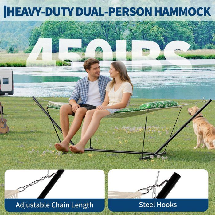 Hamac Double avec Support - 450 lbs, Toile Coton & Coussin Amovible - Pour Jardin, Intérieur/Extérieur, Vert