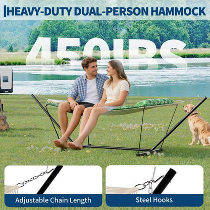 Hamac Double avec Support - 450 lbs, Toile Coton & Coussin Amovible - Pour Jardin, Intérieur/Extérieur, Vert