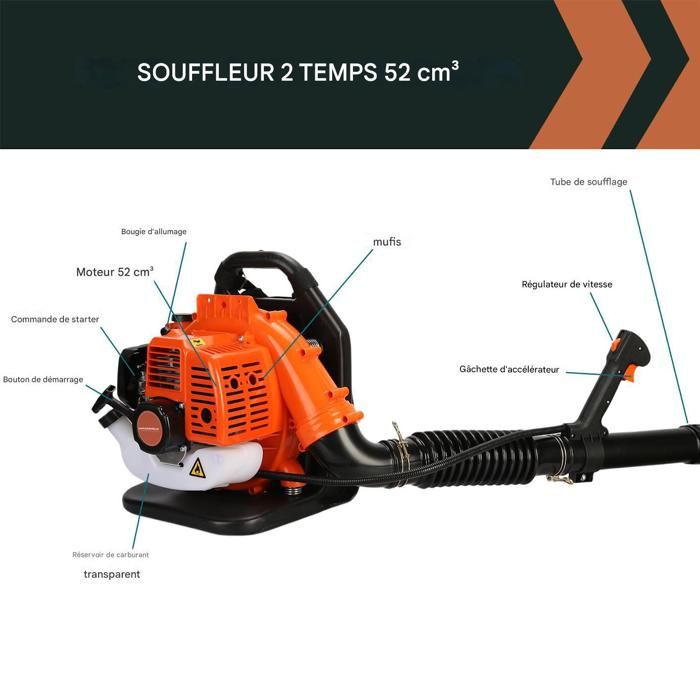 EB430 Souffleur à dos 1250W - longue buse - conception ergonomique - 1250W - 6800r/min - 180 x 45 x 45cm - ORANGE