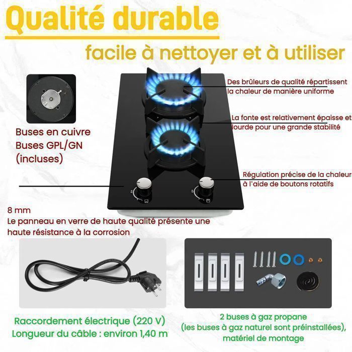Plaque de cuisson gaz,Table Gaz,2 foyers,Verre Trempé,4200 W,Sécurité Thermocouple,Gaz Naturel/Propane,noir