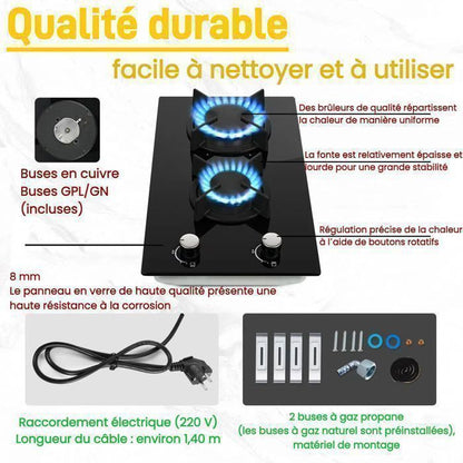 Plaque de cuisson gaz,Table Gaz,2 foyers,Verre Trempé,4200 W,Sécurité Thermocouple,Gaz Naturel/Propane,noir