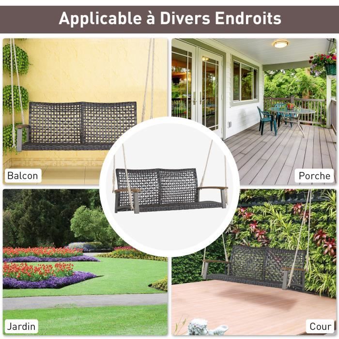 COSTWAY Banc Suspendu 2 Places en Rotin avec Cordes et Accoudoirs en Bois d'Acacia, Charge 360 kg, pour Jardin, Balcon, Marron