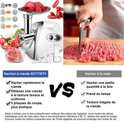 Hachoir à Viande Électrique 2800W - Écran Tactile - 11PCS avec 2 Lames 4 Inox Disques 3 Kit de Saucisse 1 Kubbe 1 Brosse - Argent