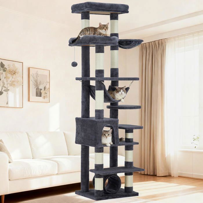 Arbre à chat - FARVEE - Arbre à chat multi-niveau avec griffoirs, escalade, hamac et niches, hauteur 188 cm - Gris clair