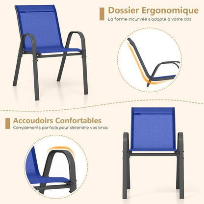 COSTWAY Lot de 2 Chaises de Jardin, Tissu Respirant, Chaises à Manger Empilables avec Accoudoirs, pour Patio Terrasse Porche, Bleu