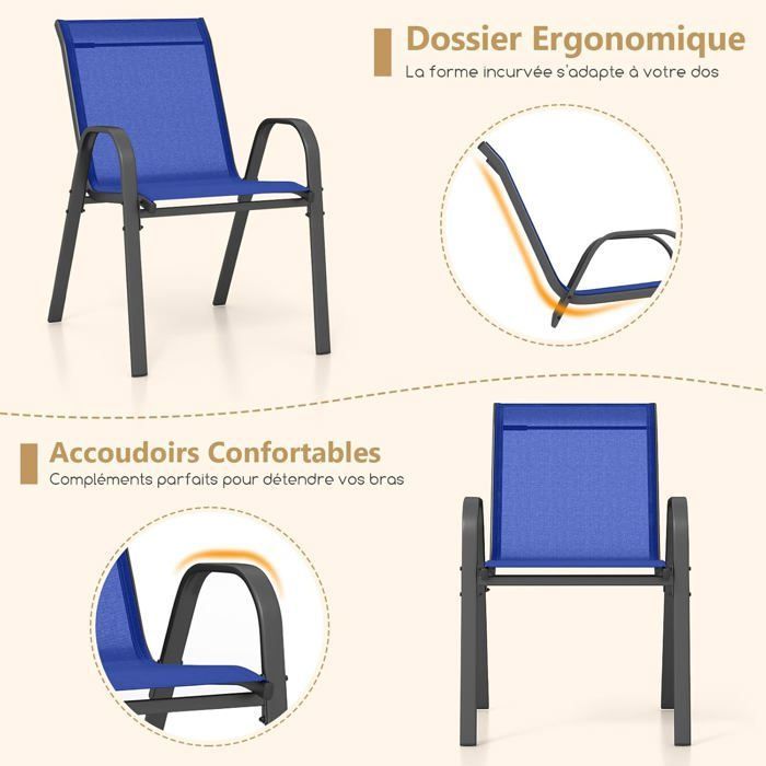COSTWAY Lot de 2 Chaises de Jardin, Tissu Respirant, Chaises à Manger Empilables avec Accoudoirs, pour Patio Terrasse Porche, Noir
