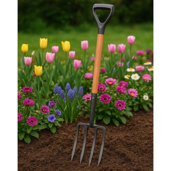 Pack 4 outils de jardin Acier Manche en Bois Fourche + Pelle carrée + Pelle ronde + Bêche VITO