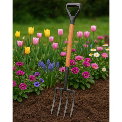 Pack 4 outils de jardin Acier Manche en Bois Fourche + Pelle carrée + Pelle ronde + Bêche VITO